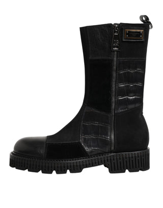 Dolce & Gabbana Black Patchwork Leather Mid Calf Boot  Shoes
