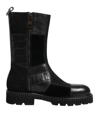 Dolce & Gabbana Black Patchwork Leather Mid Calf Boot  Shoes