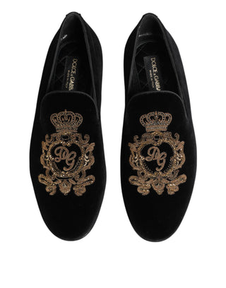 Dolce & Gabbana Black Velvet Gold Crown Mens Loafers Shoes