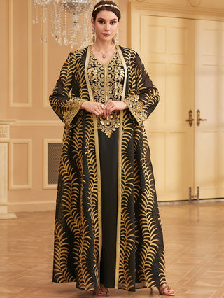 Elegant Kaftan Dress Set, Long Dress with Embroidered Collar and Long Sleeve Open Front Maxi Shirt, Women's Clothing 