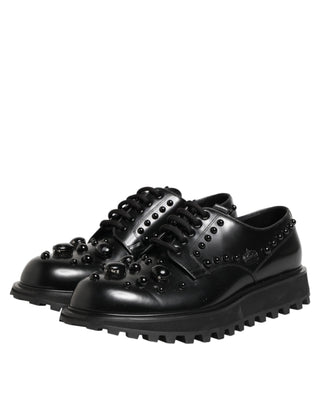 Dolce & Gabbana Black Leather Studded Men Formal Derby  Shoes