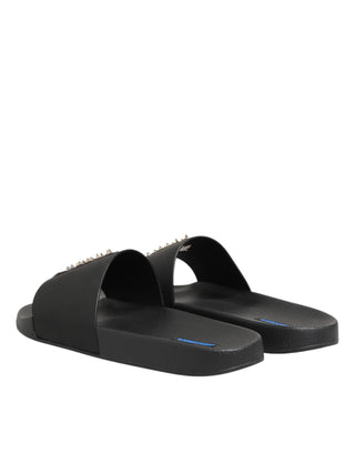 Dolce & Gabbana Black Leather Slides Sandals Beachwear Shoes