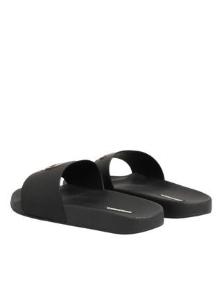 Dolce & Gabbana Black Leather Slides Sandals Beachwear Shoes