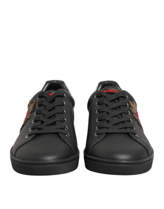 Dolce & Gabbana Black Leather Heart Embellished Sneakers Shoes