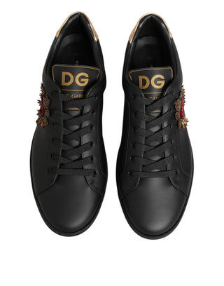 Dolce & Gabbana Black Leather Heart Embellished Sneakers Shoes