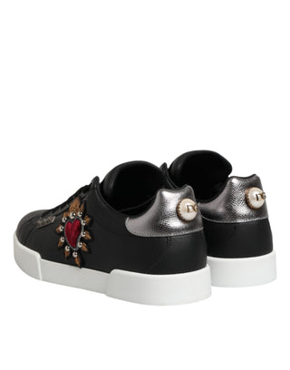 Dolce & Gabbana Black Leather Heart Embellished Sneakers Shoes