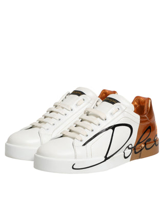 Dolce & Gabbana White Brown Leather Low Top Sneakers  Shoes