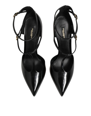 Dolce & Gabbana Black Leather T-STRAPS Heels Sandals Shoes