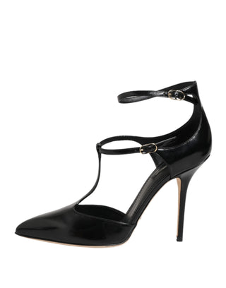 Dolce & Gabbana Black Leather T-STRAPS Heels Sandals Shoes