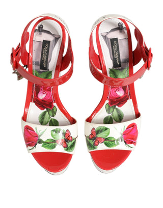 Dolce & Gabbana White Floral Ankle Strap Wedge Sandals Shoes