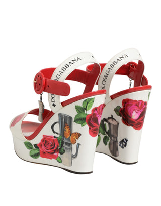 Dolce & Gabbana White Floral Ankle Strap Wedge Sandals Shoes