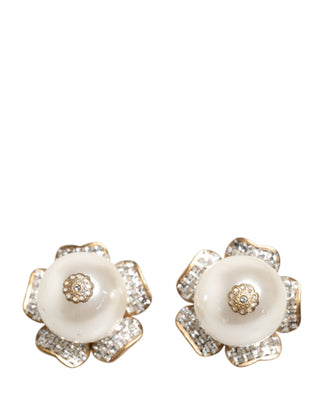 Dolce & Gabbana Gold Tone Maxi Faux Pearl Floral Clip-on Jewelry Earrings
