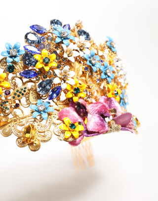 Dolce & Gabbana Gold Brass Crystal Floral Hortensia Crown Headband Tiara