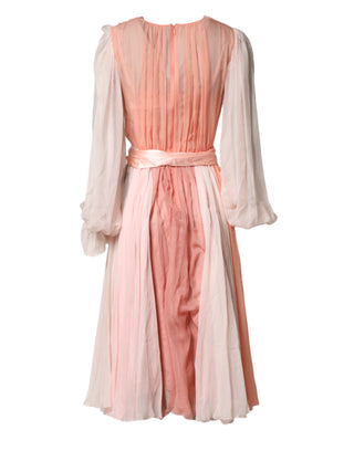 Dolce & Gabbana Pink Silk Tulle Long Sleeve V-neck Dress