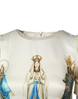 Dolce & Gabbana Beige Madonne Print Silk Short Sleeve Dress