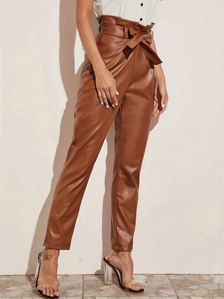 PU Leather High Waist Pants, Vintage Solid Color Pants, Women's Clothing 