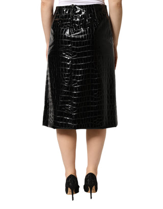 Dolce & Gabbana Black Croc Faux-Leather Mid Waist Midi Skirt