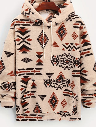 Geometric Pattern Ethnic Style Men's Loose Polar Fleece Hoodie Winter Autumn Hooded Sweatshirt with Drawstring and Zipper Kangaroo Pocket 