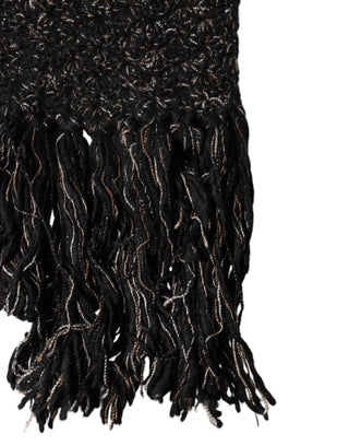 Dolce & Gabbana Black Wool Fringes Neck Wrap Foulard Scarf