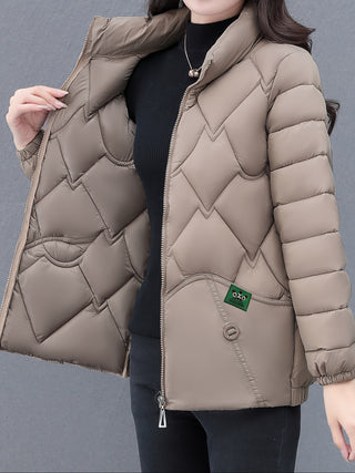 Women's Stylish Polyester Quilted Jacket - Casual Style Embroidered Non-Elastic Quilted Regular Long Sleeve, Slim Hem, Regular Fit - Winter Warmth Without Belt (Set: Stylish) 