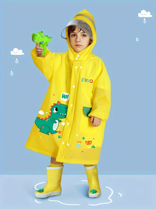 Boys Girls Casual Cartoon Dinosaur Print Waterproof Raincoat, Long Sleeve Hooded Rain Poncho Jacket, Boys Outdoor Rain Suit 