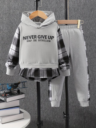 2pcs Boys Street Style Outfits 2pcs Hoodie and Sweatpants Set Plaid Pattern Never Give Up Print Kids Clothes Spring Autumn 