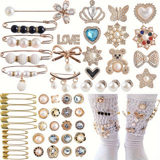 55/94pcs Elegant and Attractive Brooch Pins Set for Women, Assorted Metal Brooches with Imitation Pearls, Irregular Shapes, Sweater and Shawl Clips, Extendable Belt for Pants, Safety Pins for Collars, Accessories Gift Set 