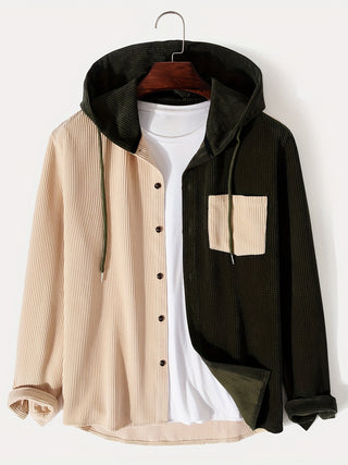 Men's Corduroy Shirt with Hooded Coat, Long Sleeve Hoodie, Daily Use, Button Closure 