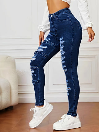 Women's High Waist Stretch Denim Jeans with Ripped Knees, Cotton Blend, All Season, Machine Washable 