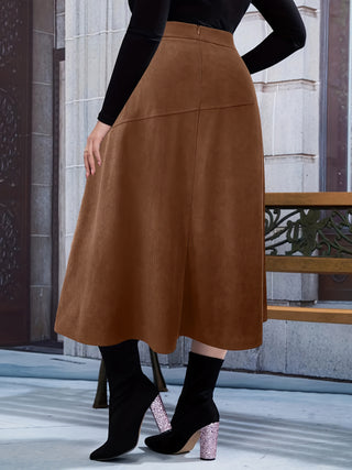 Plus Size Corduroy Skirt - Mid-Calf Flared Cut with Zipper Detail, 100% Non-Stretch Polyester Fabric, Solid Color, Suitable for Fall/Winter - Corduroy Knit Skirt Collection 