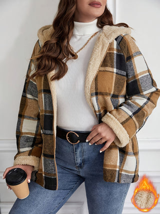 Plaid Fleece Lined Zipper Jacket, Warm Hooded Long Sleeve Casual Autumn Winter Outerwear Women Clothing 