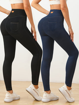 2 Pieces Women's High Waist Stretch Denim Yoga Leggings - Skinny Fit with Pockets, Perfect for Fall Winter Workout 