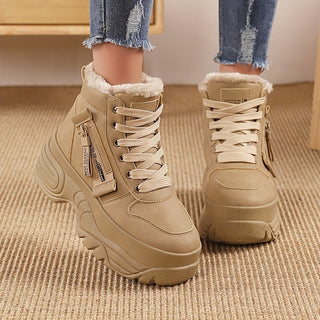 Women's High Top Fleece Lined Sneakers - Warm, Thick Sole, Solid Color Lace-up Winter Shoes 