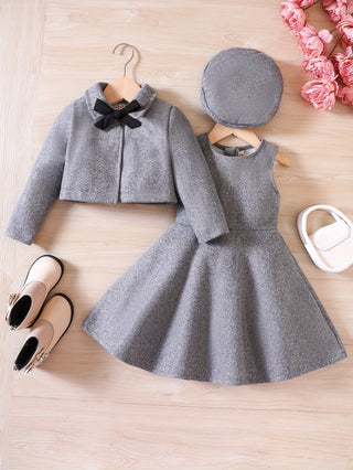 3pcs Fashion Girls Outfit Lace Coat Hat Sleeveless Shirt Kids Outerwear for Spring Autumn Christmas 