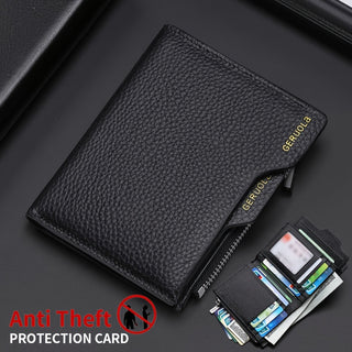 GERUOLA Men's Genuine Leather Wallet - RFID Protection, Trifold Design with Zippered Coin Pocket and Detachable ID Card Holder - Large Capacity, Business Style - Black 