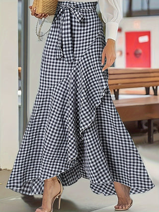 Plaid Ruffle Skirt, Casual Long Skirt with Waist Tie for Spring Autumn, Women's Clothing 