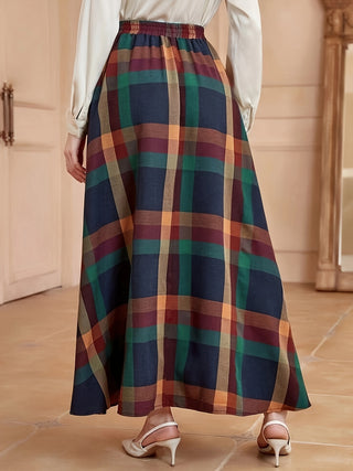 High Waist Plaid Print Skirt, Casual Ruffle Hem Loose Long Skirt, Women's Clothing 