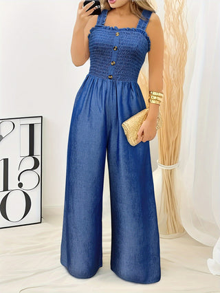 Spring Summer Women's Elegant Sleeveless Faux Buttons Wide Leg Jumpsuit Lettuce Rompers 