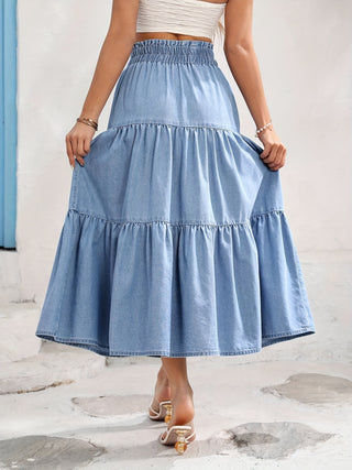 Women's Elegant Denim Maxi Skirt Gathered Waist Spring/Summer/Autumn Solid Color 