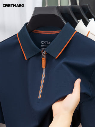 قميص بولو صيفي للرجال من CRRTMARO - أبيض مع حواف بنية، ياقة بأزرار، قصة فضفاضة، خفيف الوزن وقابل للتنفس للملابس الكاجوال، نسيج قابل للتنفس، تفاصيل أزرار أنيقة
