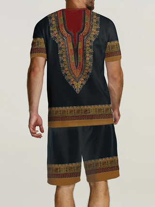 Men's 2 Piece Set with Stylish Dashiki Print, Comfortable T-shirt and Drawstring Waist Shorts, Summer Men's Clothing, Men's Sportswear 