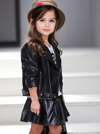 Girl's PU Leather Motorcycle Jacket, Cool and Fashionable Zip Label Jackets for Autumn/Winter 