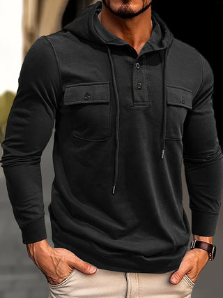 Long Sleeve Relaxed Fit Hoodie with Button Detail - Men's Casual Fashion Hooded Sleeve Hoodie - Polyester Blend, Knitted Fabric, Regular Fit, Solid Color 