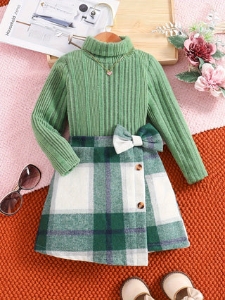 2pcs Girls Elegant Outfits High Neck Sweater + Plaid Skirt Autumn Outerwear Gift 