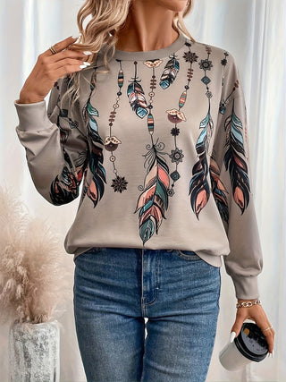 Feather Print Sweater, Casual Sports Long Sleeve O Neck Sweatshirt for Autumn Winter, Women's Clothing 