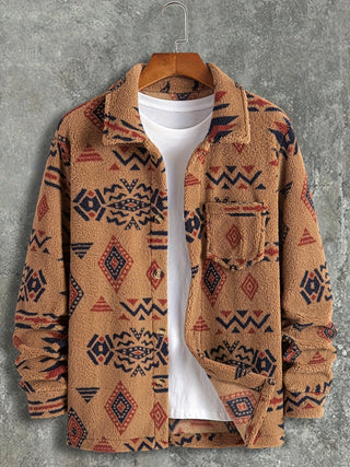 Men's Aztec Pattern Flannel Jacket Button Down Long Sleeve Casual Outerwear Pockets Regular Fit Knitted Fabric Non-Waterproof Spring/Autumn Collection 