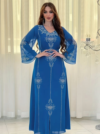 Rhinestone V Neck Kaftan Dress Elegant Long Sleeve A Line Maxi Dress with Belt Women Clothing 