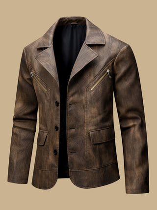 Men's Casual Vintage Leather Jacket Faux Leather Stand Collar 2 Button Front Long Sleeve Regular Fit Polyester Lining Zipper Pockets Casual Business Outerwear for Autumn/Winter Party Gathering 