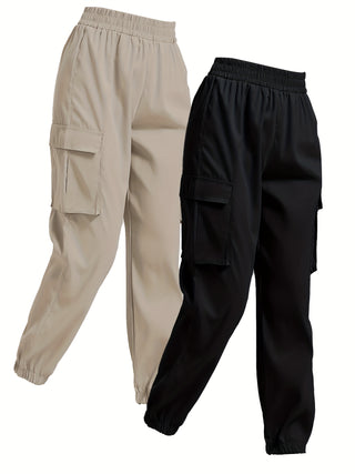 Women's 2 Piece Set Casual Solid Color Flap Pocket Elastic Waist Sports Cargo Pants 