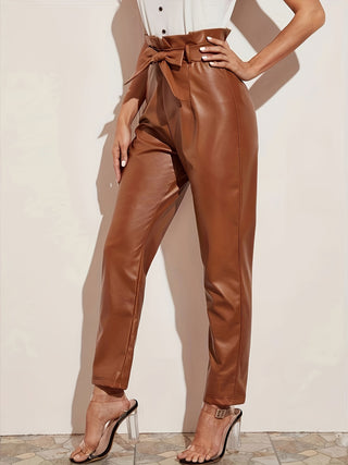 PU Leather High Waist Pants, Vintage Solid Color Pants, Women's Clothing 